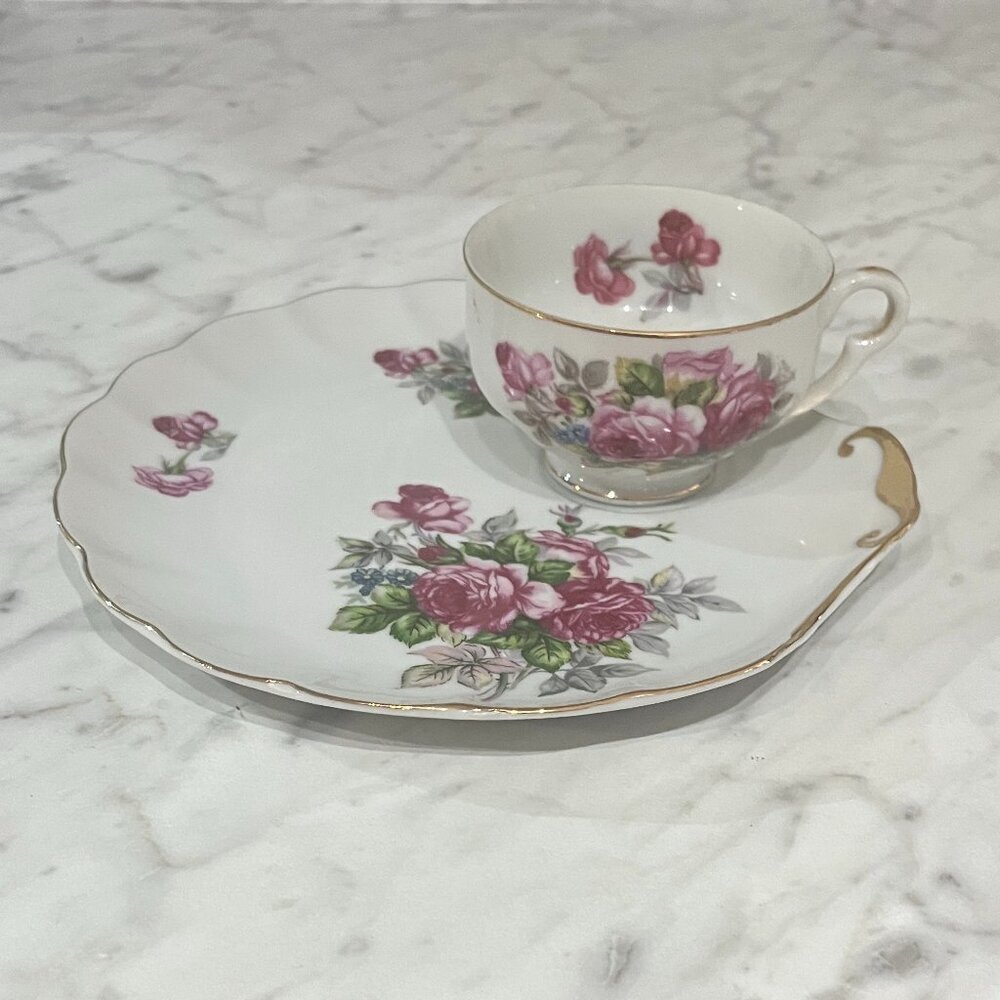 Vintage Porcelain Tea Cup & Sandwich Plate Set Pink Rose Cottagecore Grandmacore